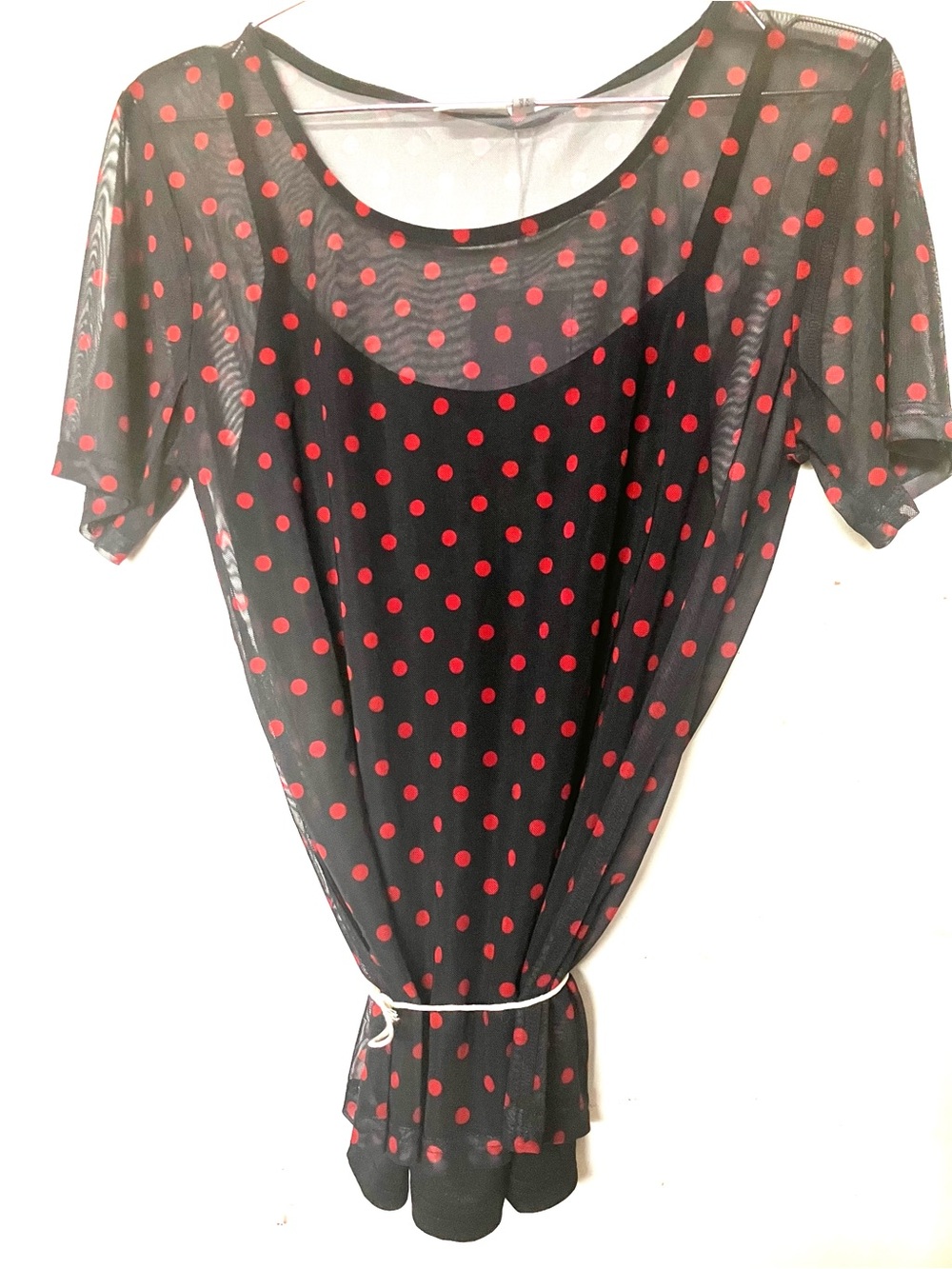 Black Sheer Polka Dot Short Sleeve Blouse with Red Dots
